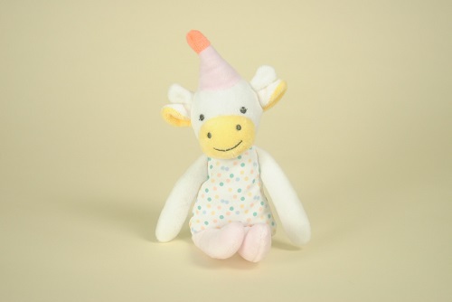 Doudou Vache Blanc Rose Pois Chapeau Jaune DODIE 24 cm