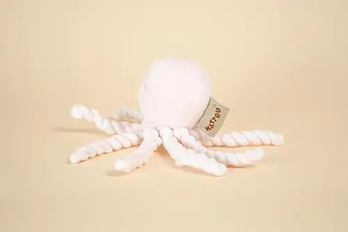 Etiquette Doudou Pieuvre Nattou rose clair blanc 21 cm peluche octopus tentacules premier âge