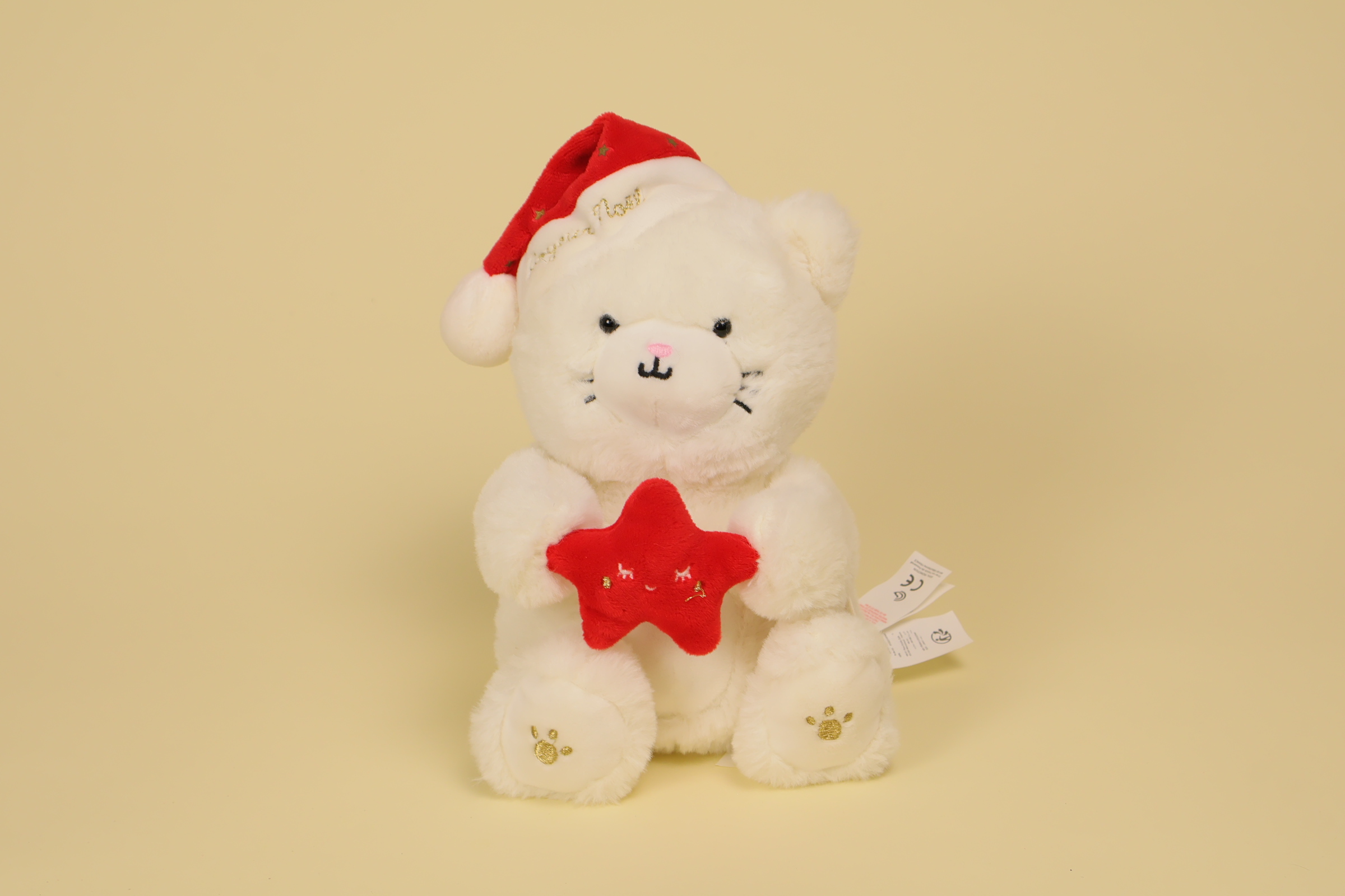 Peluche chat blanc 21 cm avec bonnet de Noël étoile rouge grelot marque Sergent Major doudou éveil