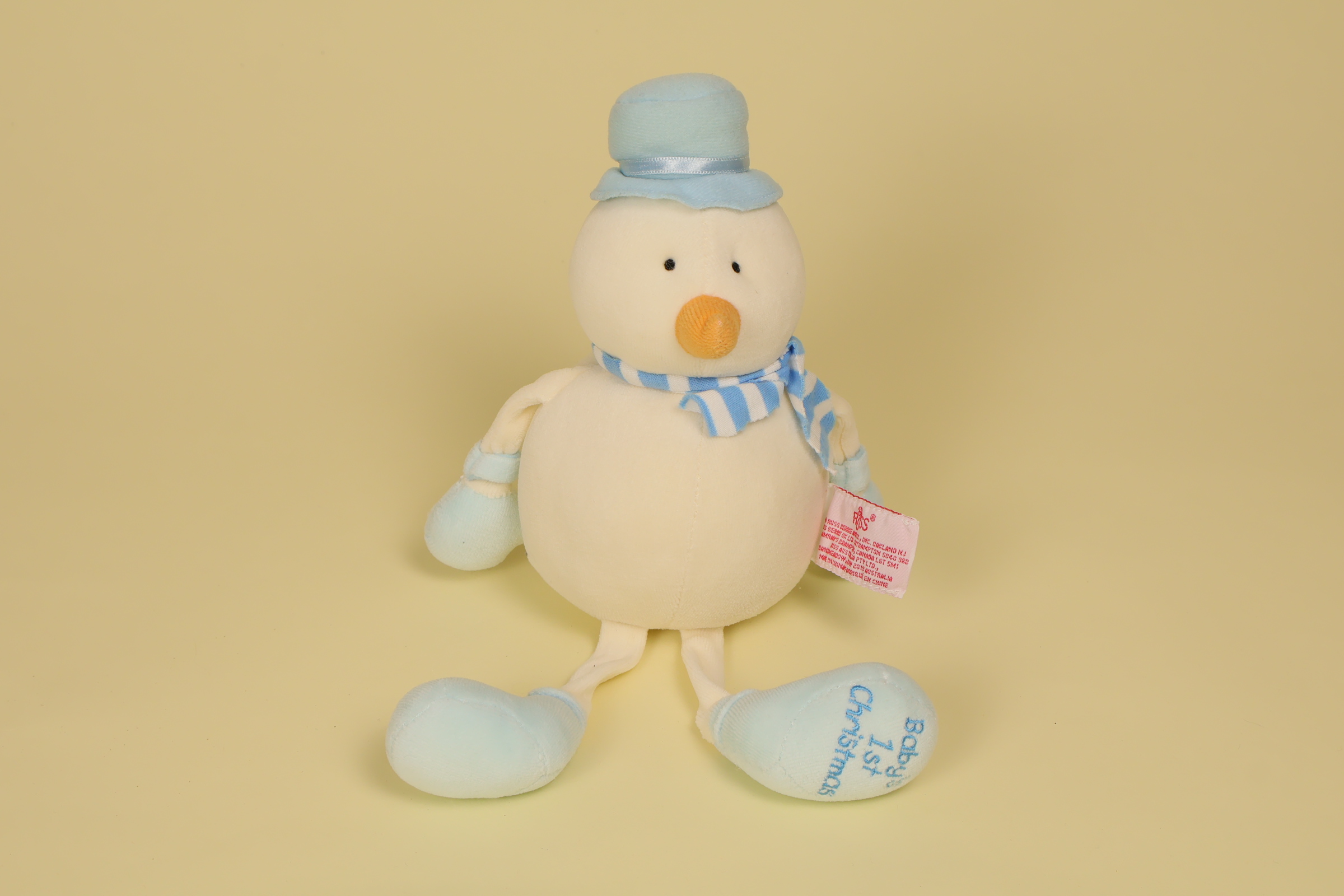 Peluche bonhomme de neige blanc et bleu 32 cm brodé Baby's 1st Christmas marque Russ doudou premier Noël