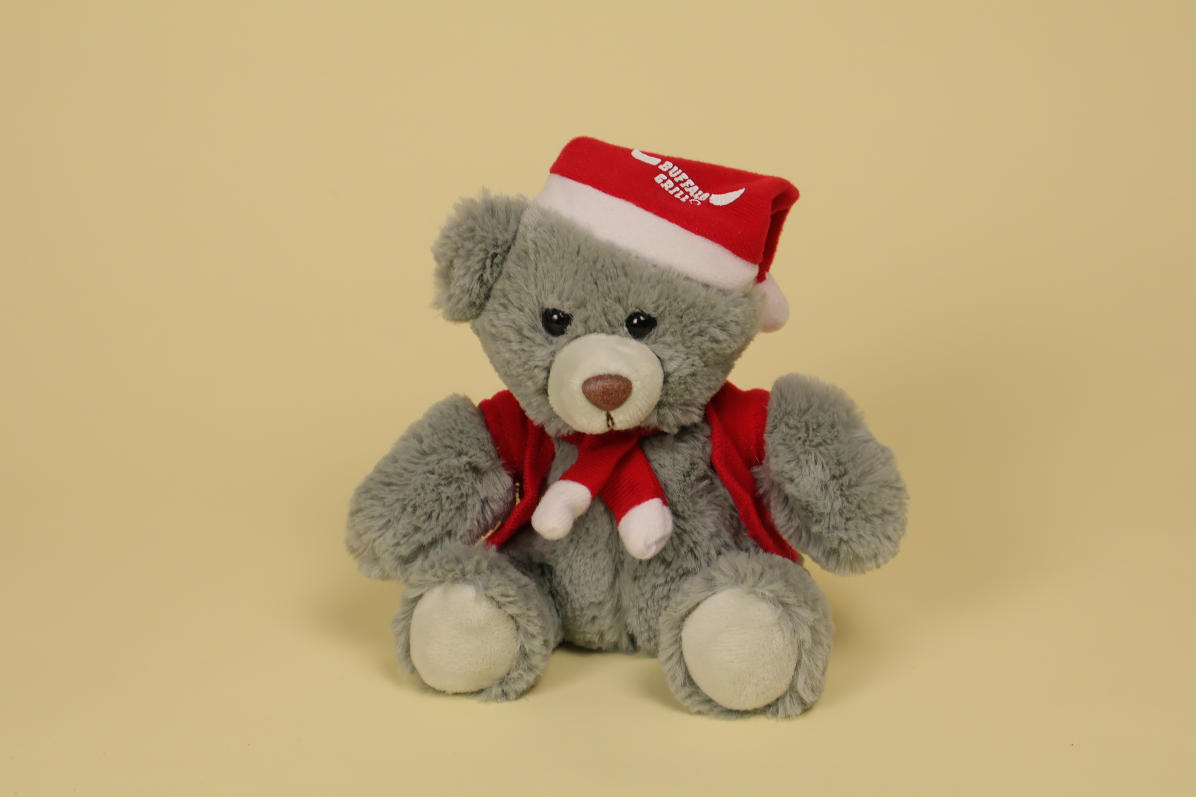 Petite peluche ours gris 15 cm tenue de Noël rouge marque Buffalo Grill BG Appro doudou vintage