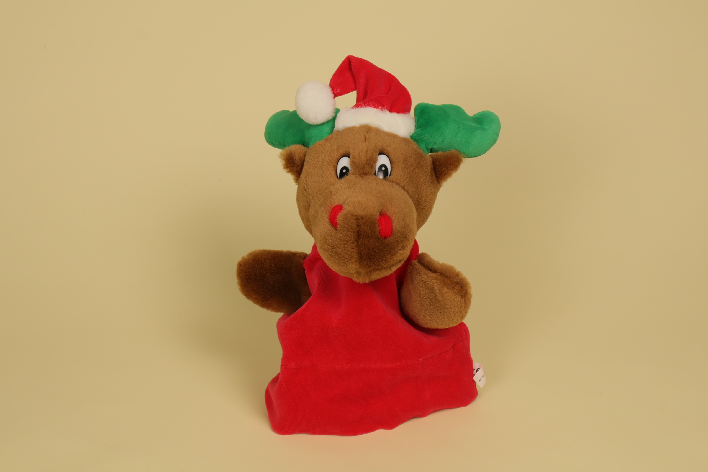 Marionnette peluche renne marron bonnet rouge de Noël bois verts interactive doudou enfant