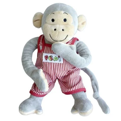 "Peluche singe Popi marque Ajena Nounours 23 cm avec salopette rayée rouge et blanc 2021