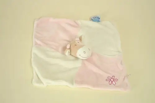 Doudou plat vache blanc et rose Lola collection Lola la vache marque Noukie's avec fleur brodée