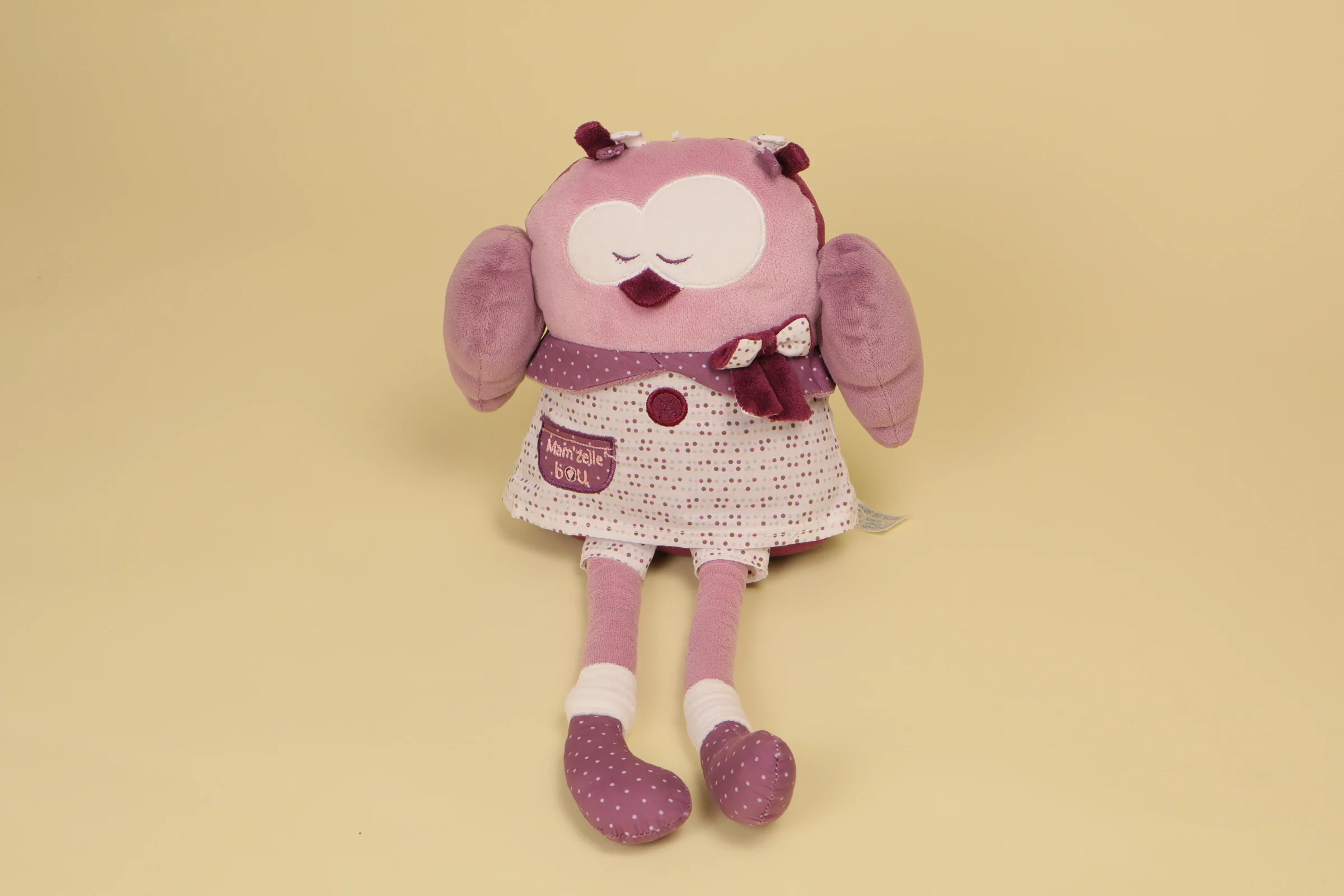 Grand doudou chouette Mam'zelle Bou mauve 41 cm marque Sauthon avec robe et longues pattes
