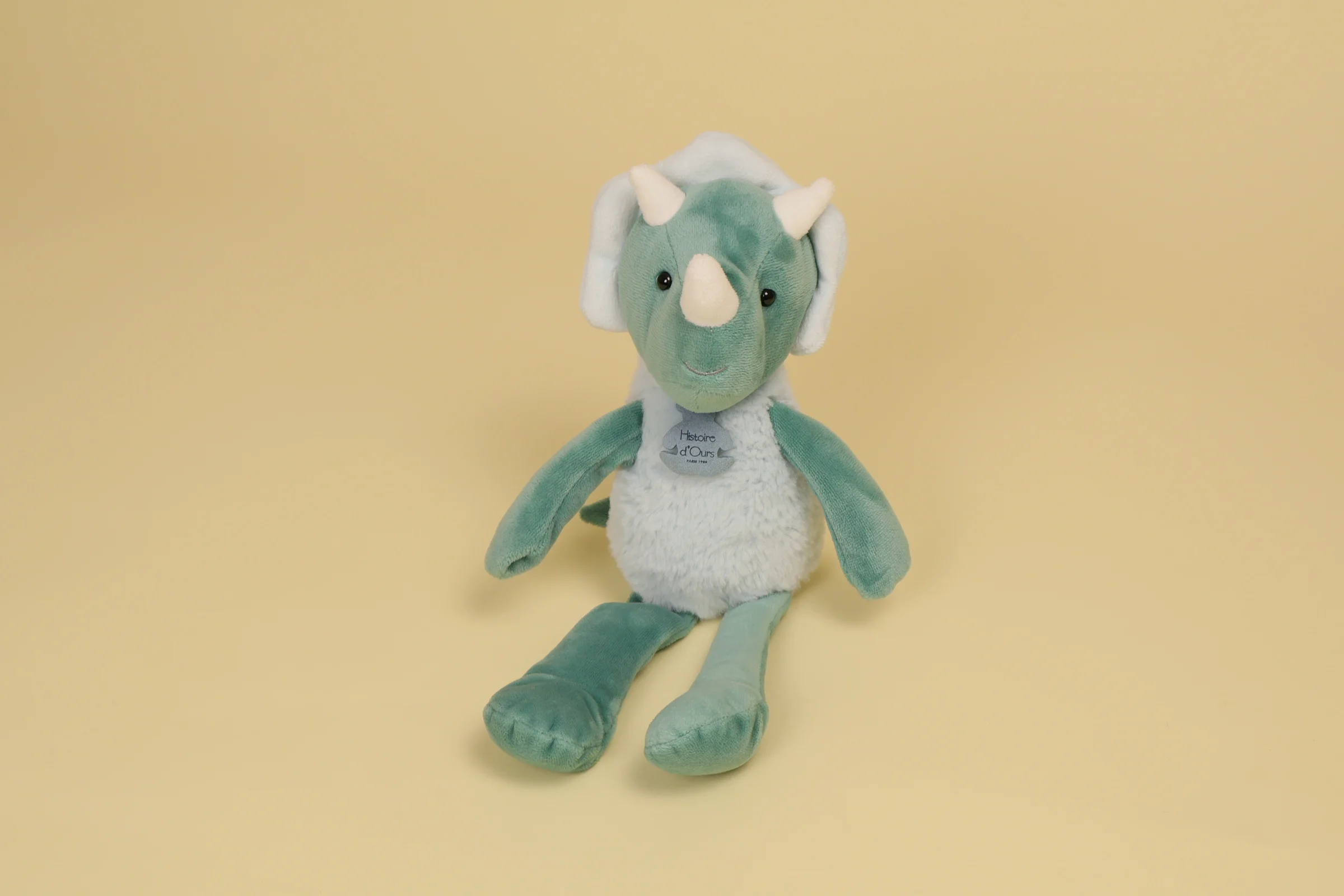 Doudou dinosaure pantin vert et bleu 30 cm collection Sweety Chou marque Histoire d'Ours peluche bébé