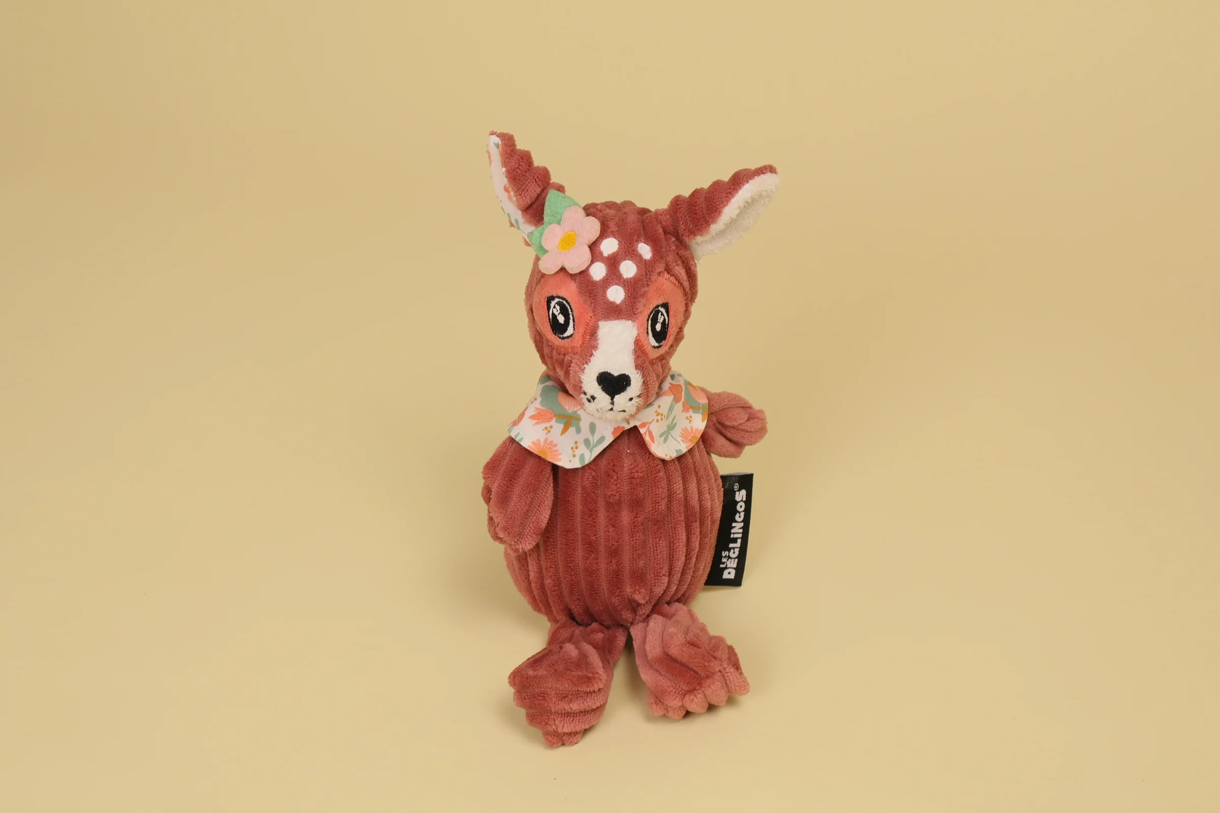 Doudou biche Mélimélos Les Déglingos 25 cm avec col fleuri et fleur sur la tête peluche velours côtelé