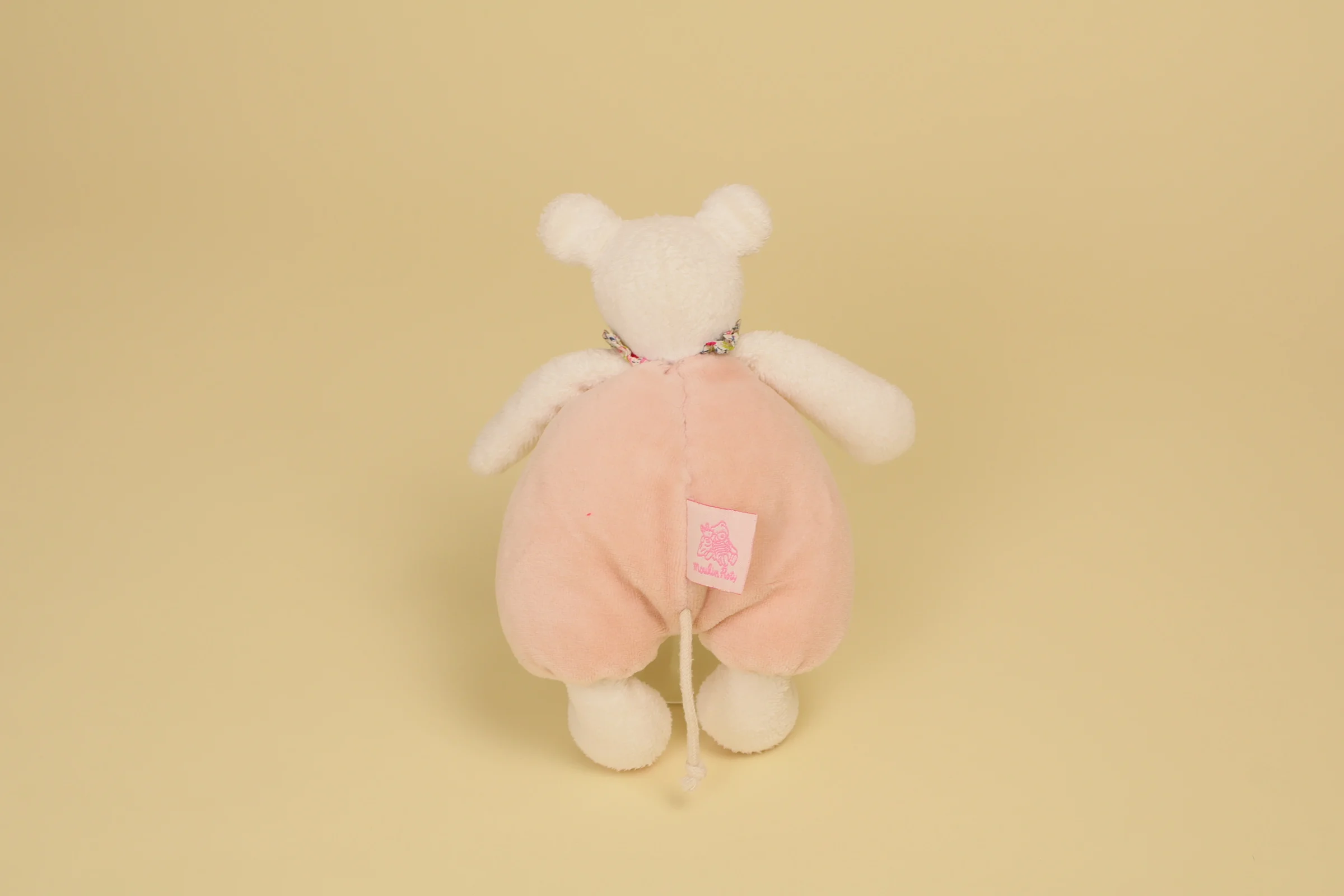dos Doudou souris Myrtille 20 cm rose et blanc avec bruit grelot collection Myrtille et Capucine marque Moulin Roty