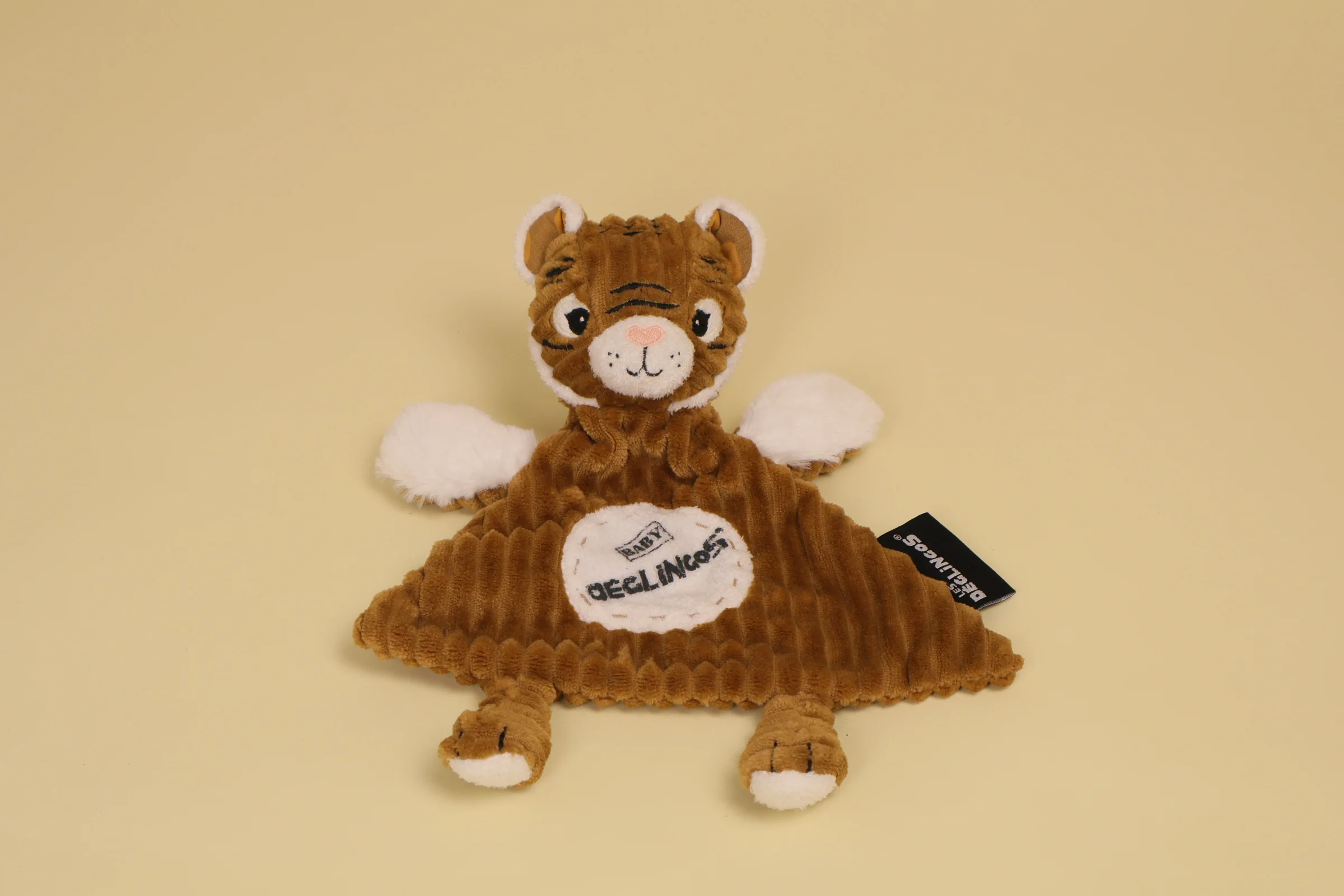 Doudou plat tigre Spéculos marron et blanc velours côtelé marque Les Déglingos