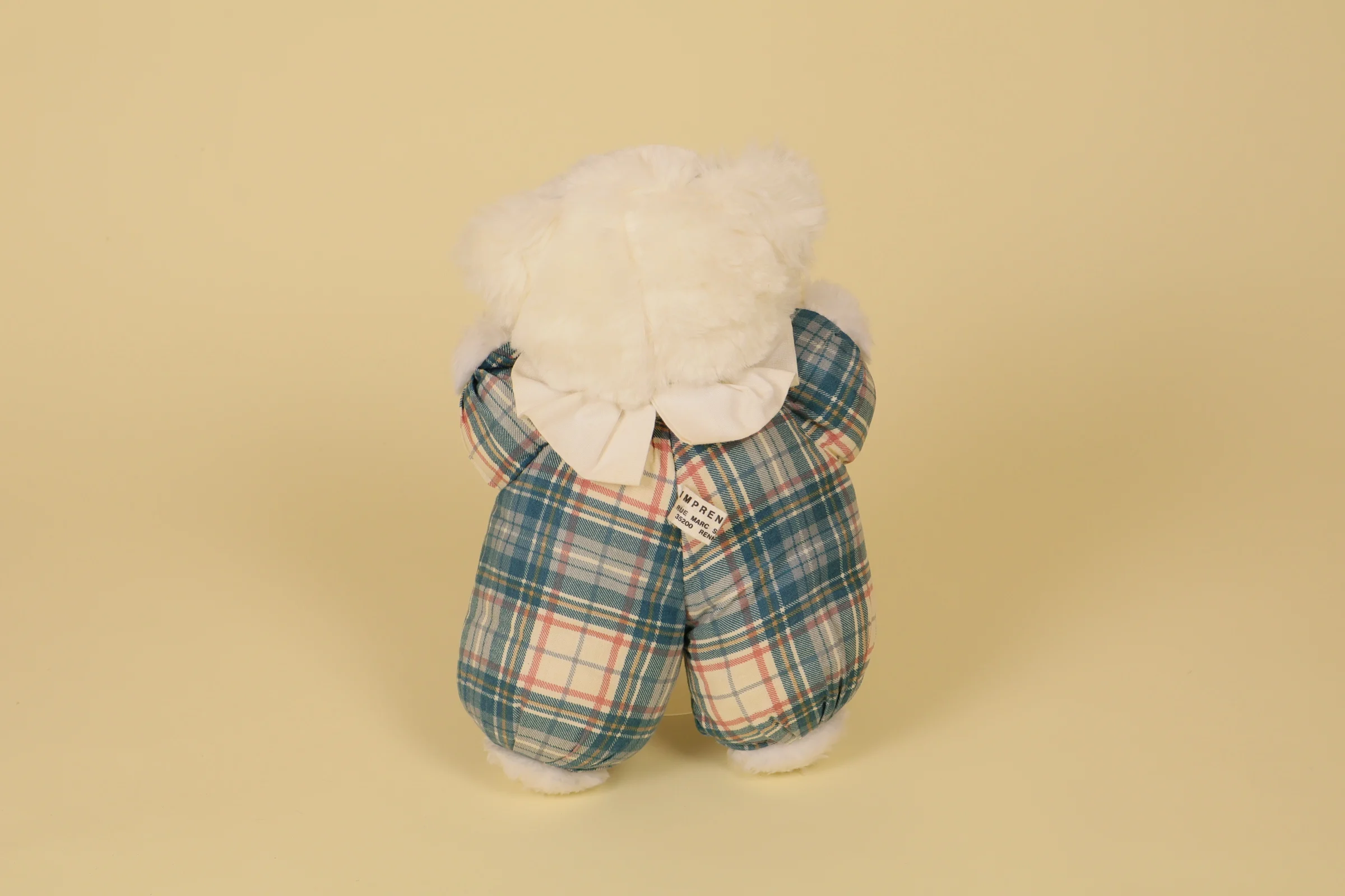 dos Peluche chat blanc tissu vichy vert col blanc et nœud bleu marque Pimprenelle 27 cm