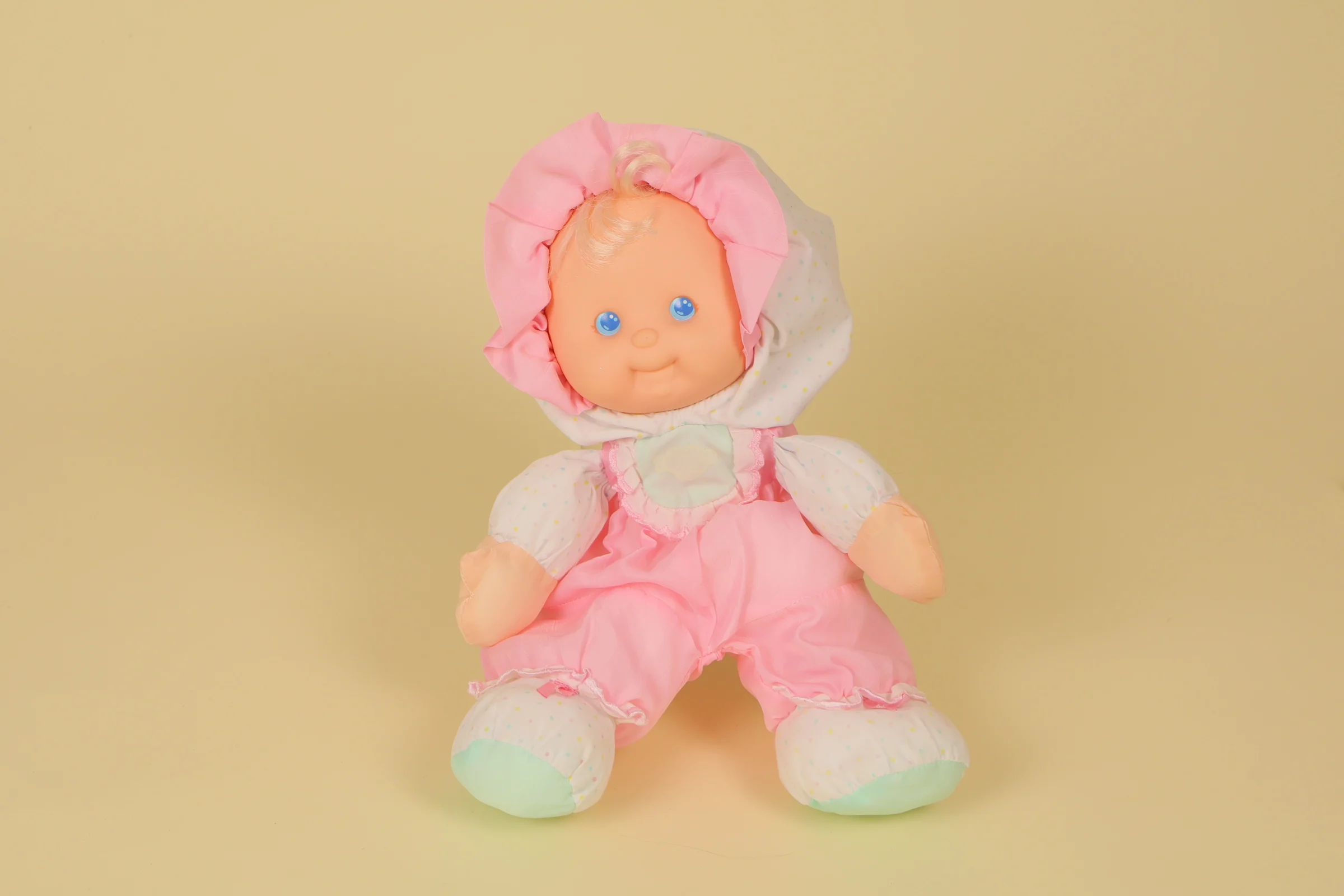 Poupée chiffon vintage Puffalump Fisher-Price 1990 tissu toile de parachute blanc rose vert 34 cm