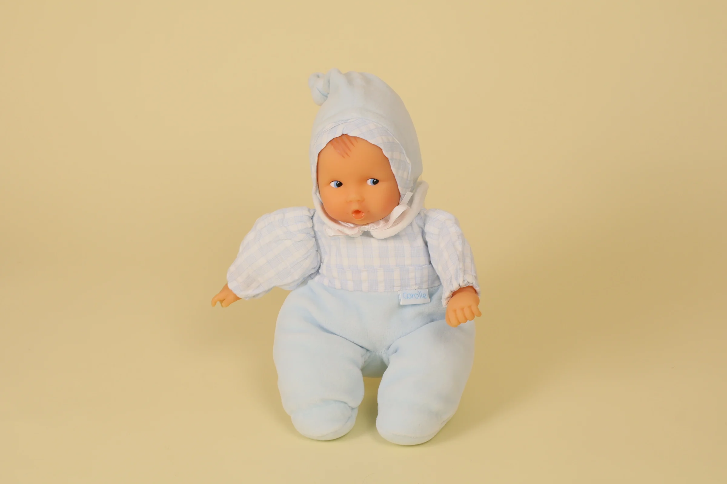 Poupon souple bébé bleu clair à carreaux marque Corolle 30 cm année 2001