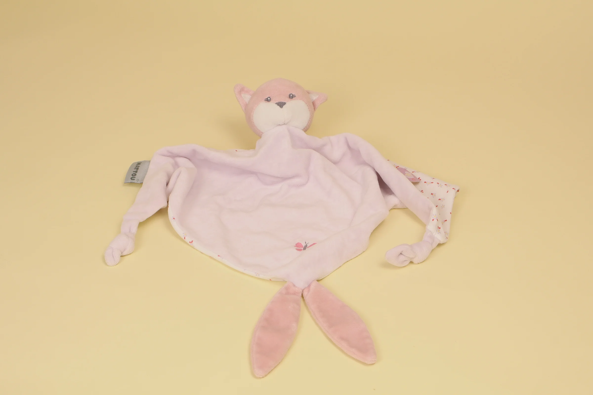 Grand doudou plat renard Alice rose forme losange papillon brodé marque Nattou collection Alice et Pomme