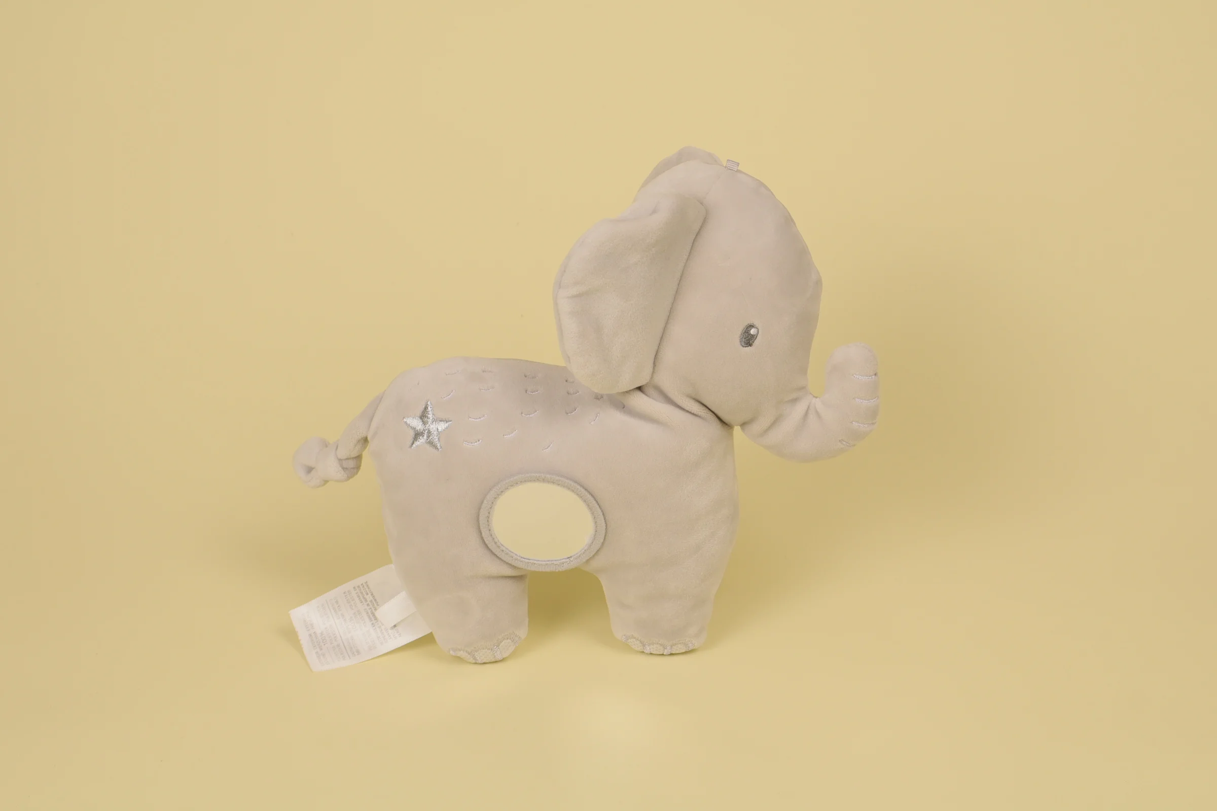 verso Doudou peluche éléphant d'activité gris avec miroir souple incassable et demi-sphère transparente contenant des billes de couleur marque Mots d'Enfants