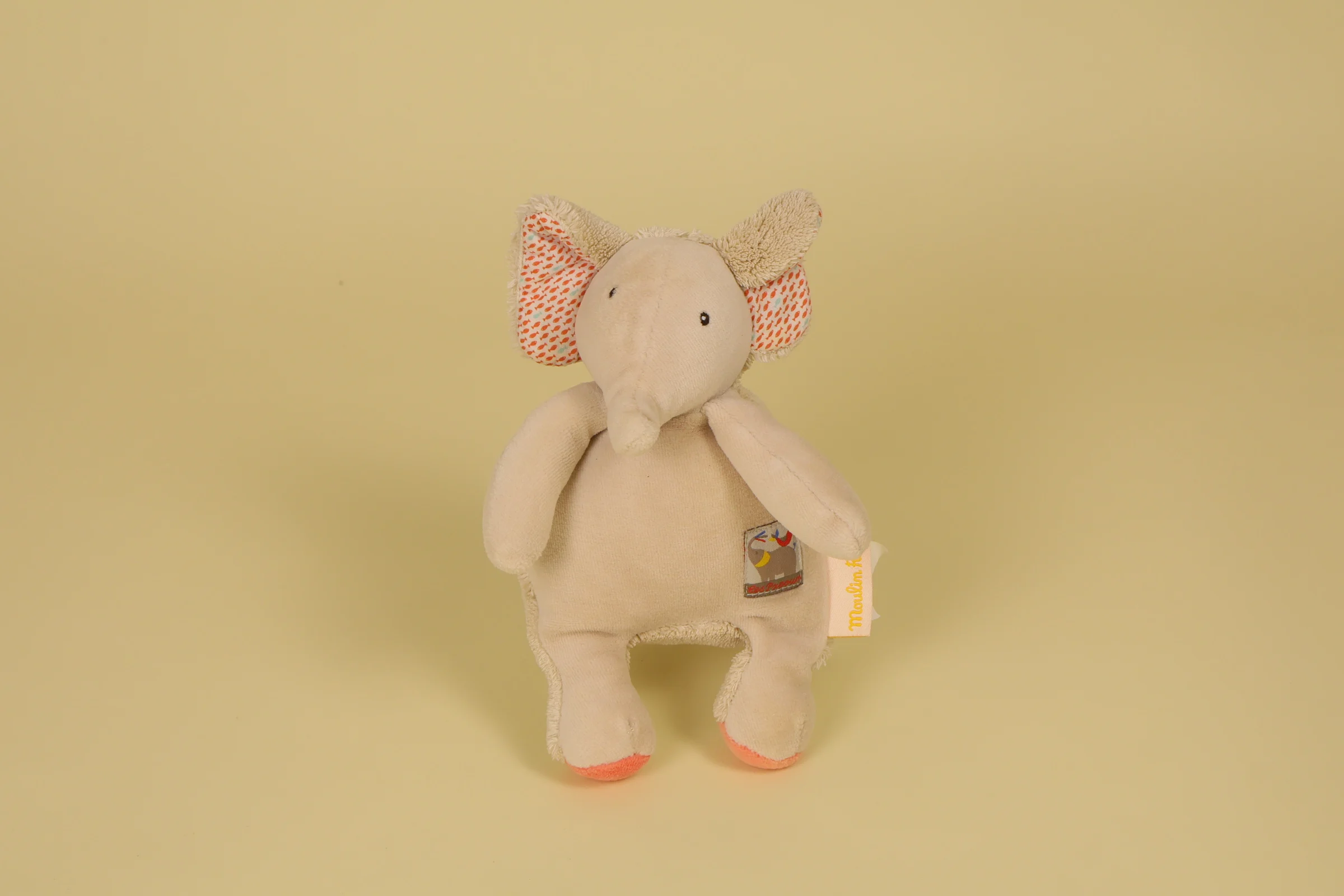 Doudou elephant hochet beige collection Les Papoum mesure 18 cm vintage 2015 marque Moulin Roty