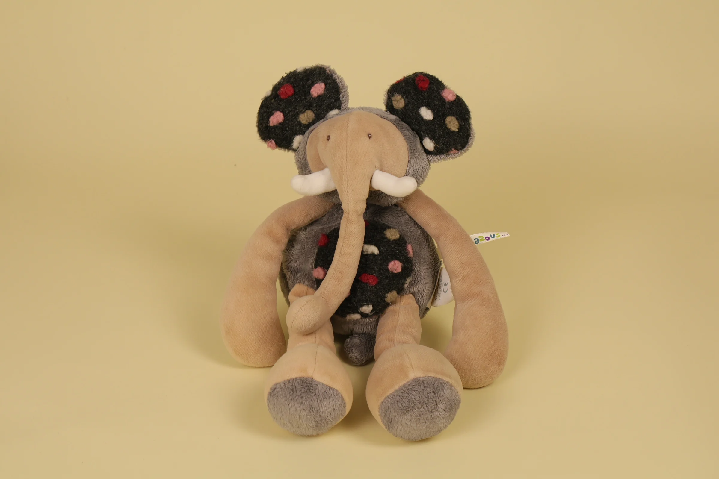 Peluche elephant beige noir et gris a pois collection Les Zazous mesure 35 cm vintage 2012 marque Moulin Roty