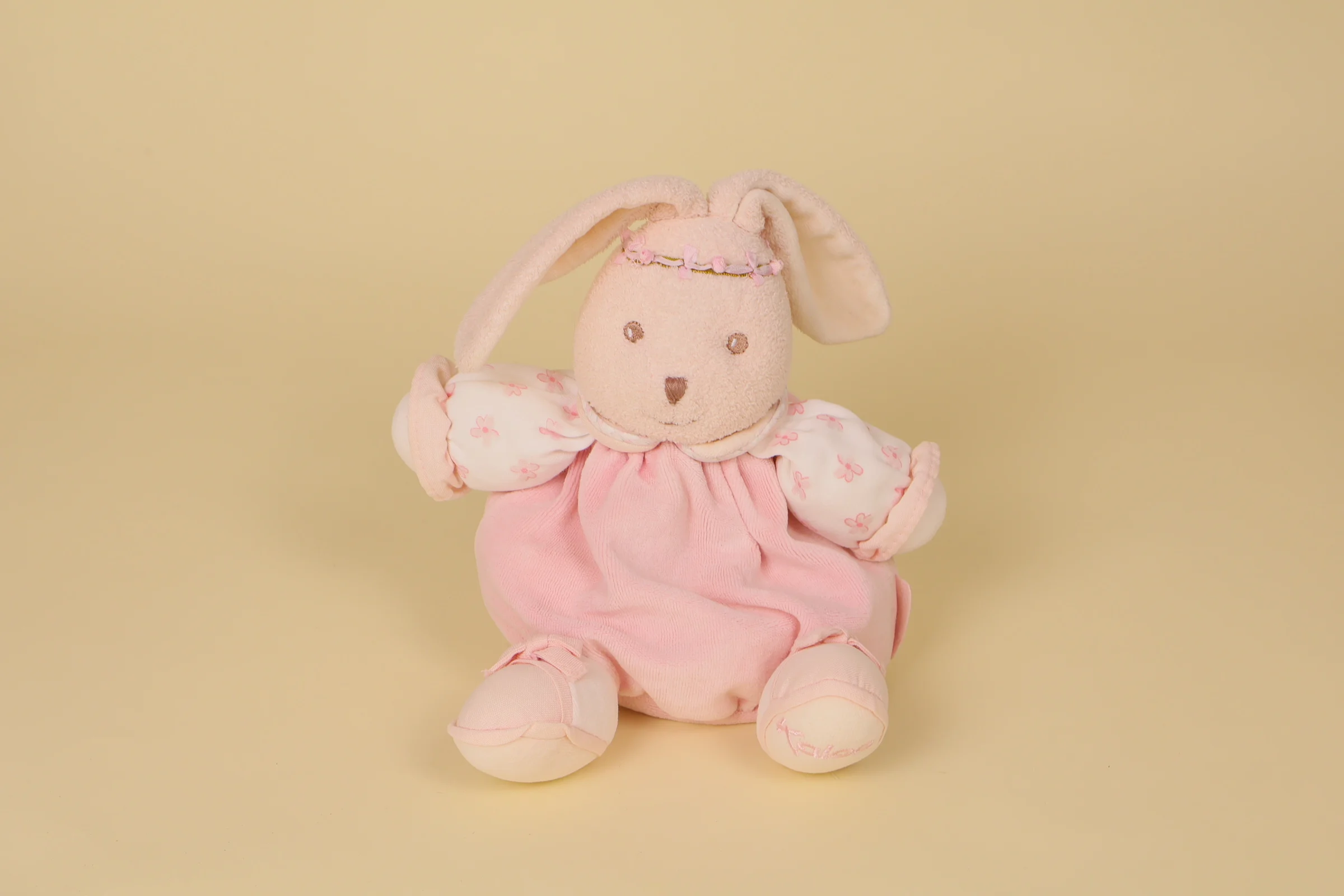 Doudou lapin boule rose fleuri avec couronne de fleurs 21 cm Lilirose Liliblue vintage 2005 2008 marque Kaloo