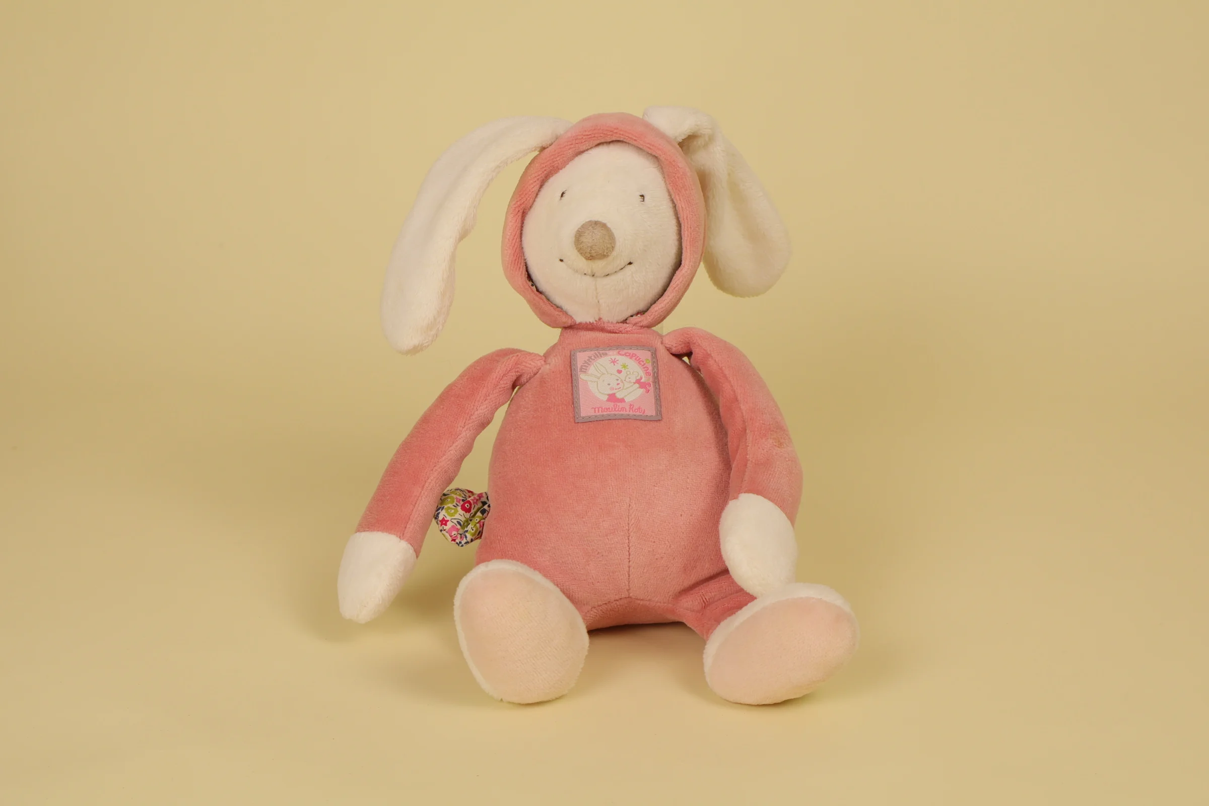 Peluche lapin musical rose et blanc 28 cm collection Myrtille et Capucine vintage 2012 marque Moulin Roty