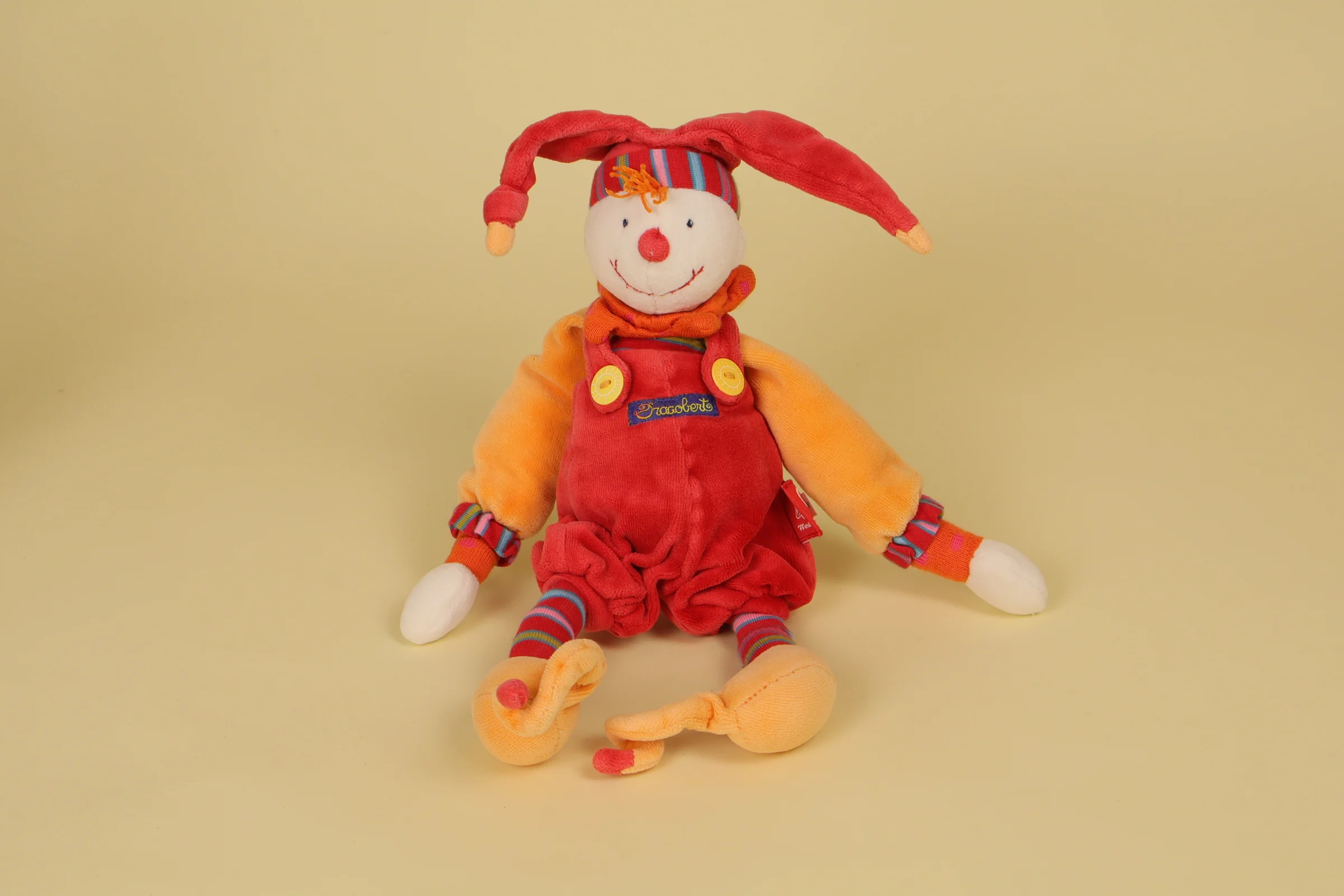 Peluche lutin clown Capucin rouge et orange 30 cm collection Dragobert vintage 2000 marque Moulin Roty
