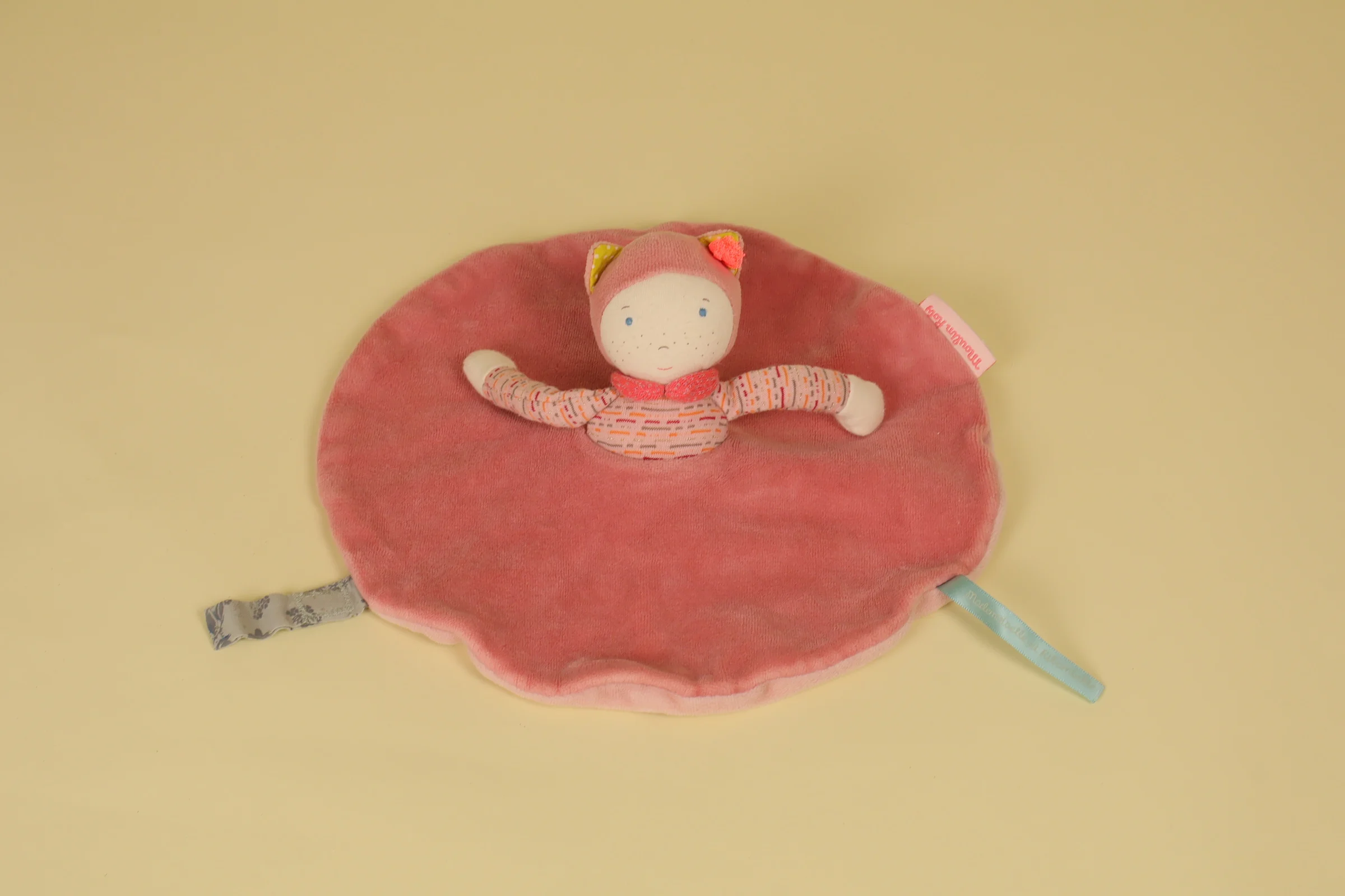 Doudou poupee plat rond rose collection Mademoiselle et Ribambelle vintage 2014 marque Moulin Roty