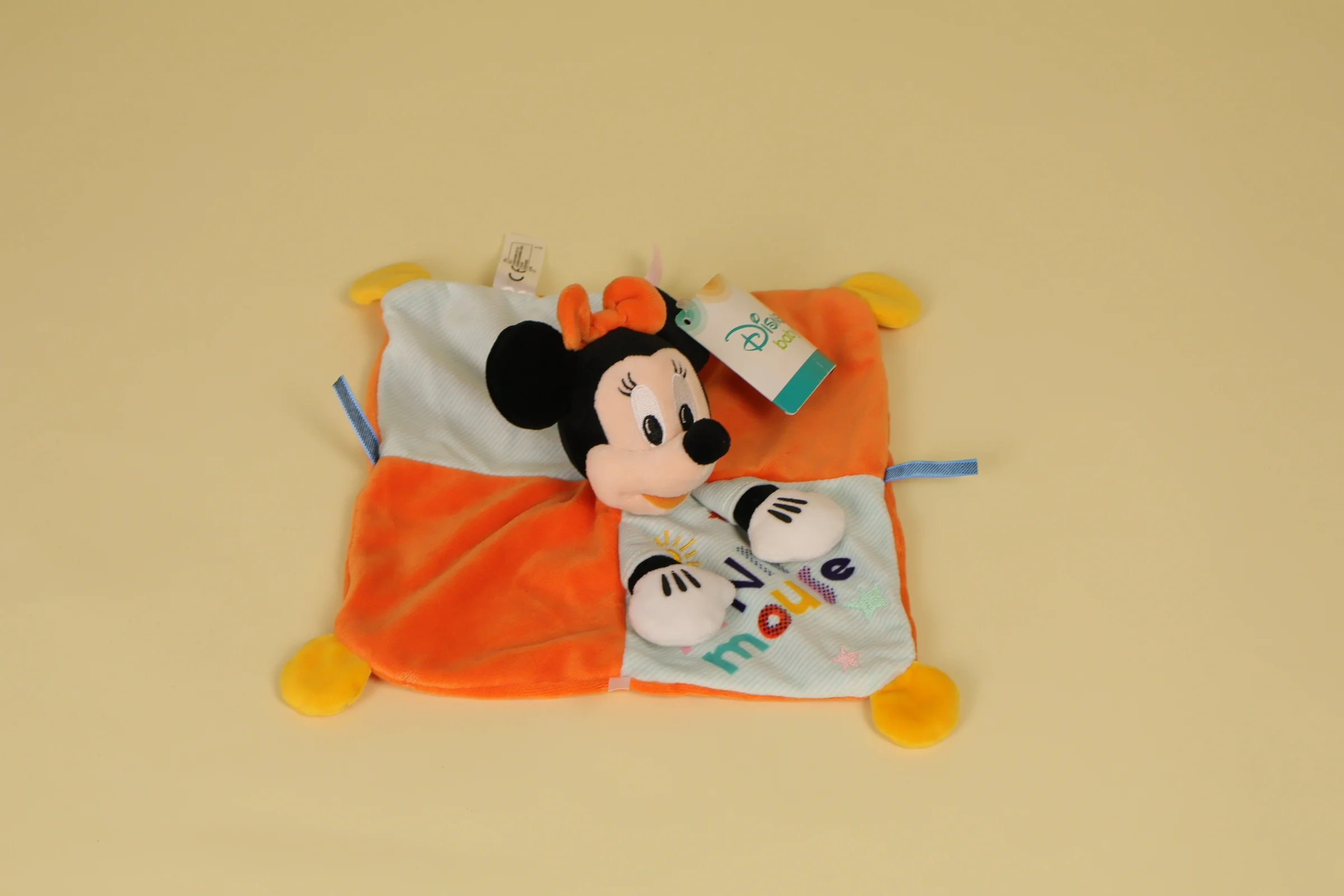 Doudou Minnie Mouse plat orange et vert brode etoiles et soleil collection Indigo Dreams 2019 marque Disney Nicotoy
