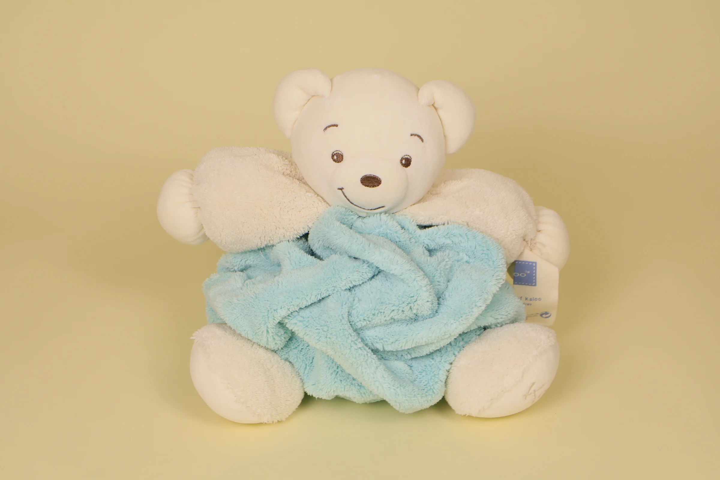 Doudou ours boule bleu turquoise et blanc 29 cm Plume vintage 1998 marque Kaloo