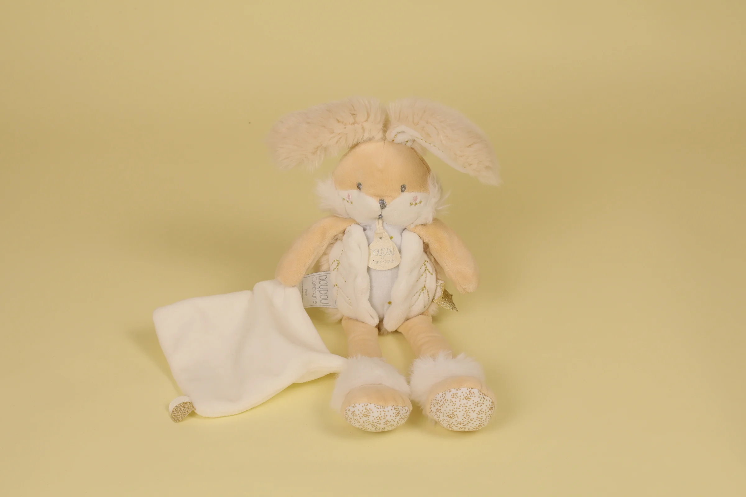 Doudou lapin pantin beige et blanc avec mouchoir collection Lapin de Sucre Blanc 30 cm 2019 marque Doudou et Compagnie