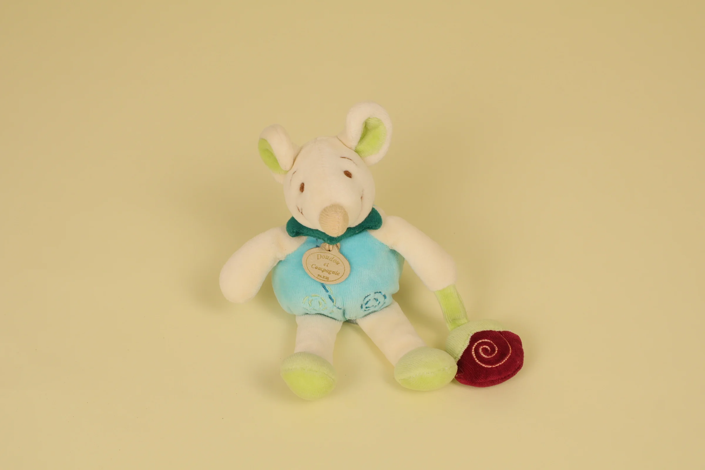 Doudou Souris Filousine vert et blanc tenant une sucette 19 cm collection P'tits doux de la campagne 2004 marque Doudou et Compagnie