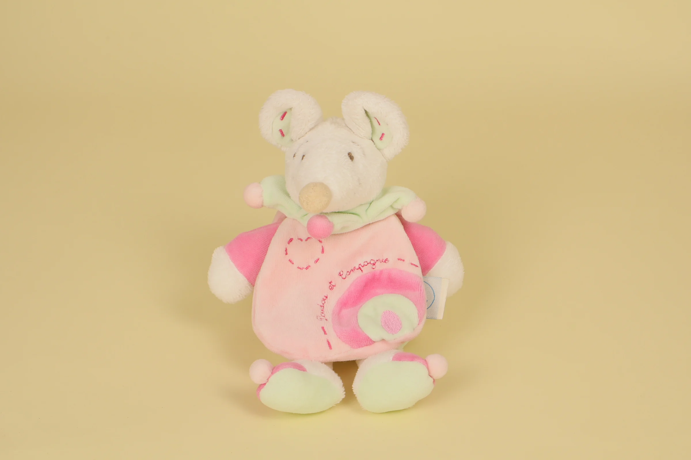 Doudou Souris Blanc Léonie avec Cape et col Rose et Vert 23 cm collection 2005 marque Doudou et Compagnie