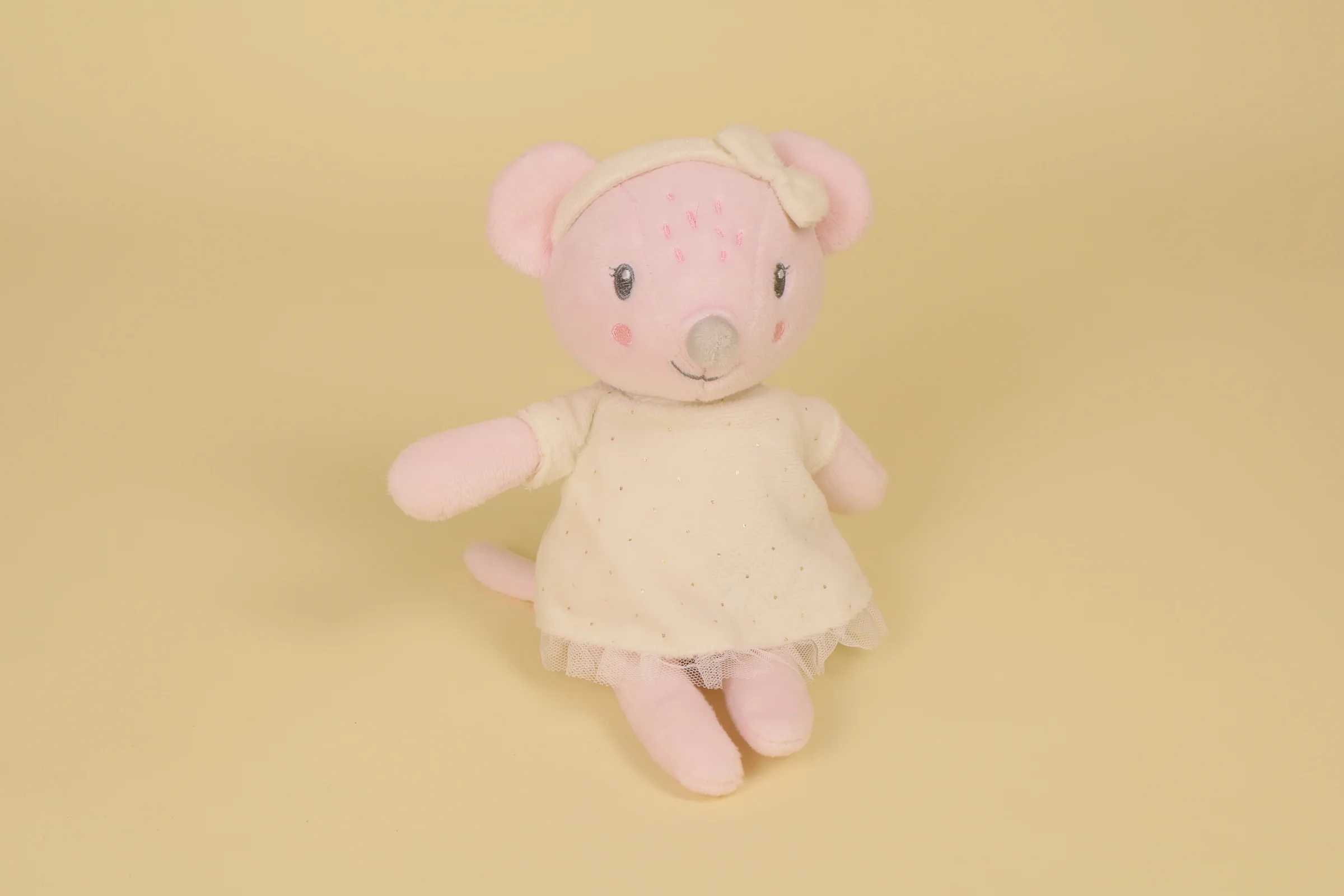 Doudou Souris Rose Robe Crème à Pois Dorés Mesure 25 cm Année 2021 2022 Marque Mots d'Enfants