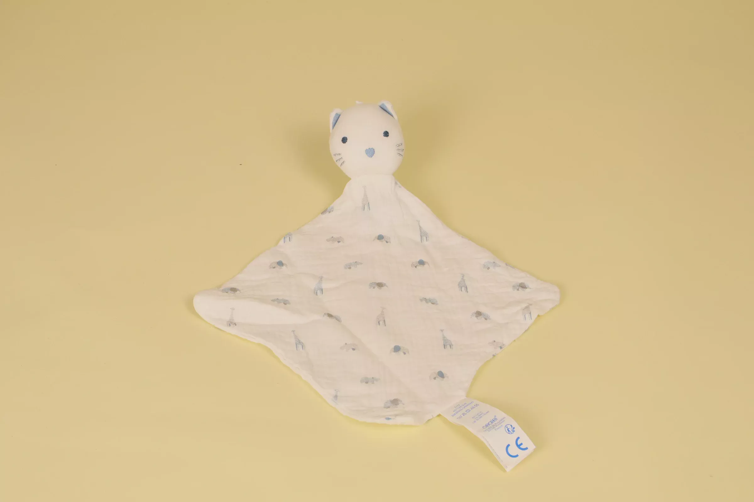 Doudou Lion Plat Lange avec Imprimés des Animaux de la Savane Bleu et Gris Année 2021 2022 Marque Obaïbi