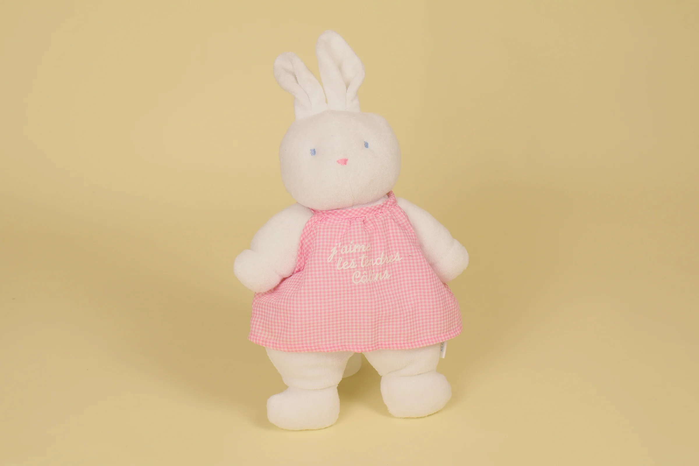 Doudou Lapin Blanc Jaime Les Tendres Calins Floqué sur sa Robe Carreaux Rose 26 cm Marque Klorane