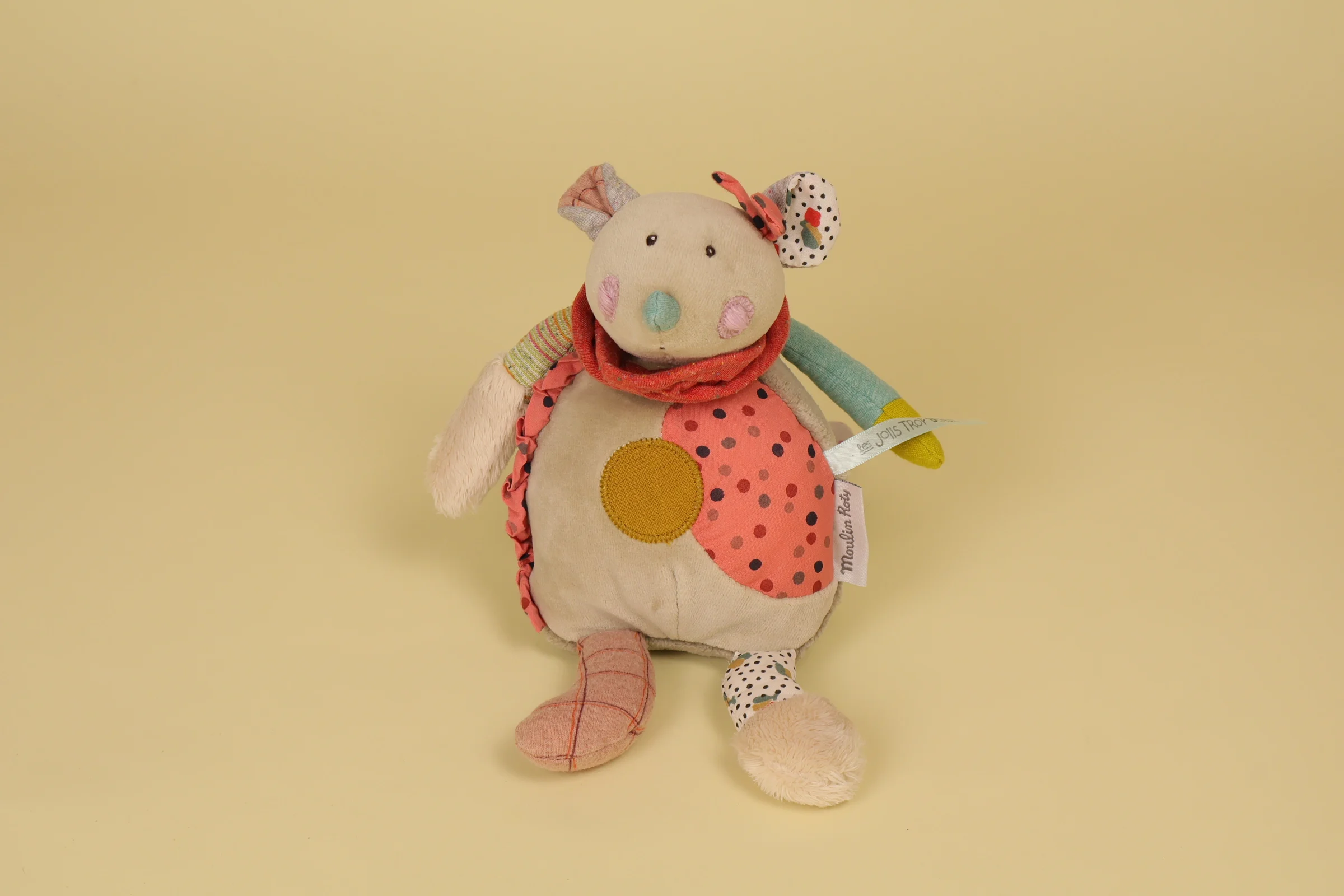 Doudou Souris Musical Colorée et Texturée 24 cm Collection Les Jolis Trop Beaux Année 2018 Marque Moulin Roty