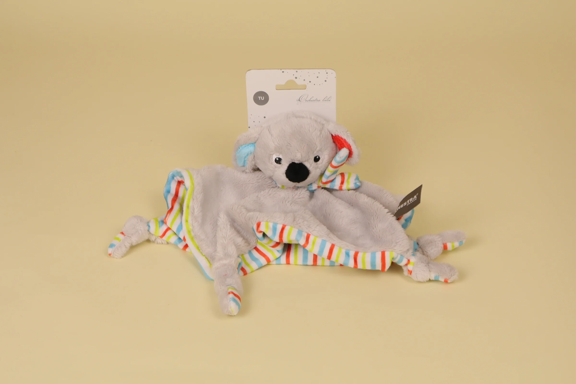 Doudou Koala Plat Gris et Rayures Multicolores au Verso Annee 2017 Marque Orchestra